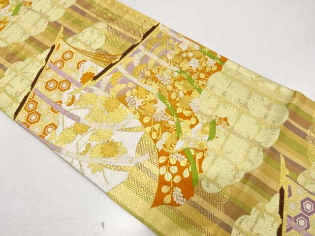 金糸　几帳に草花・雲模様織り出し　袋帯